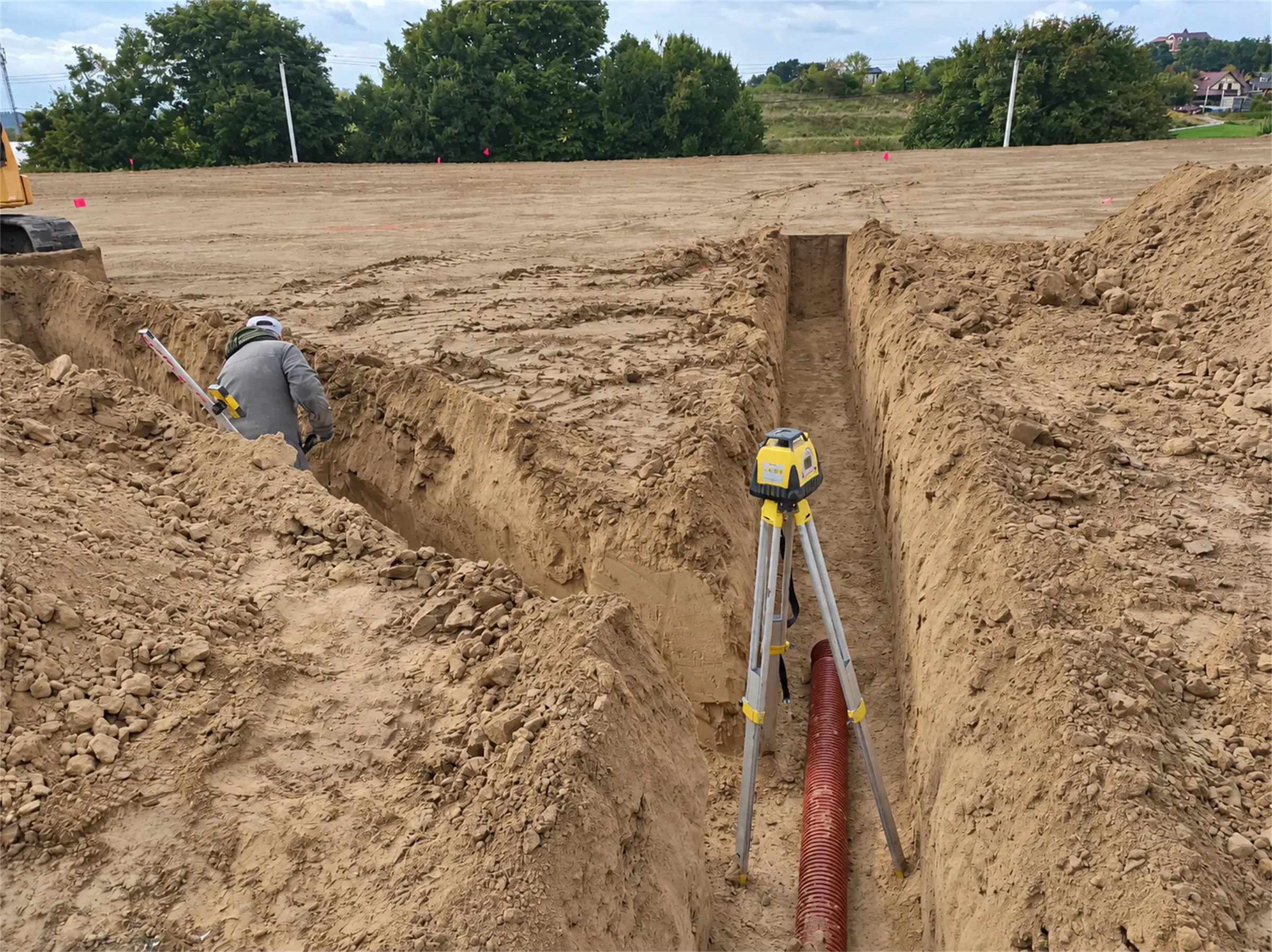 Drainage trench with a laser level